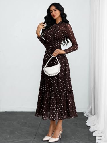 GothDark Polka dot Dress for Women Tie Neck Bow Ruffle Fall Vintage Dress