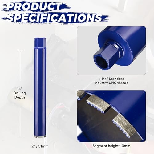 2 Inch Core Drill Bit for Concrete with Rebar - 14" Depth, Wet Use 1-1/4"-7 UNC Core Bit, Upgraded Welded Teeth for Brick, Block, Masonry, Stucco, Alsphalt - Great for DIY & Pros (51mm)