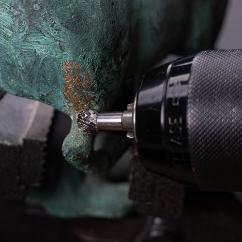 HAUTMEC Tungsten Carbide Rotary Burr Bit YG6, 1/4" Shank Double Cut Die Grinder Bit, Low Vibration Precision Rotary File for Metal Grinding, Engraving & Deburring (6MM Ball Head), HT0449