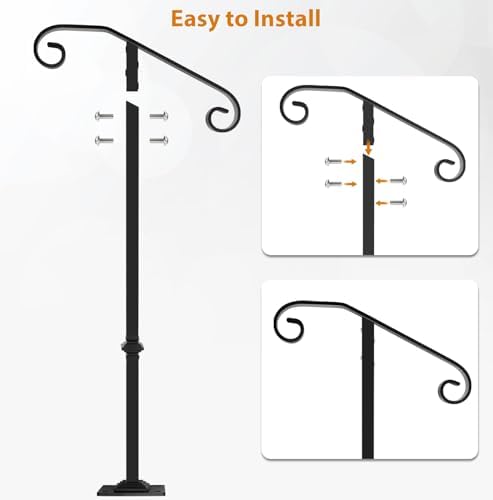 Handrail Railing, Single Post Handrail, Sturdy Outdoor Handrails with Base, Wrought Iron Stair Handrail Fits 1 or 2 Steps, Grab Rail for Steps Porch, Black | Wrought Iron Stair Handrail, Grab Rail for Steps Porch, Sturdy Outdoor Handrails with Base, Black