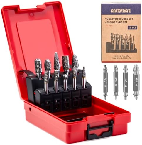 10 PCS 1/4" Shank Tungsten Carbide Burr Set Double Cut for Metal Grinding, Deburring Die Grinder Bits Fit Dewalt Milwaukee Die Grinders Accessories 4PC Screw Extractor Set