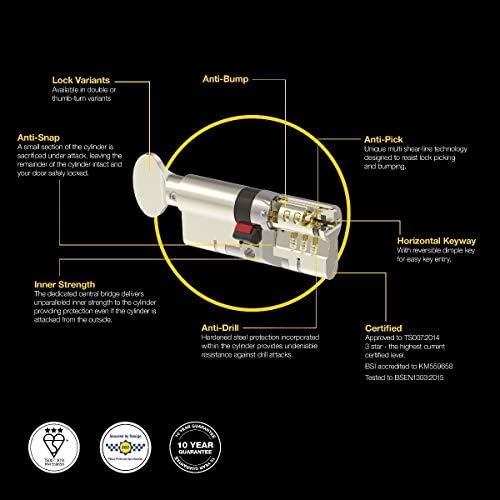 Yale B-YS3-4055B Anti-Snap 3 Star Euro Double Cylinder, High Security, 40:55 (95mm), Brass Finish