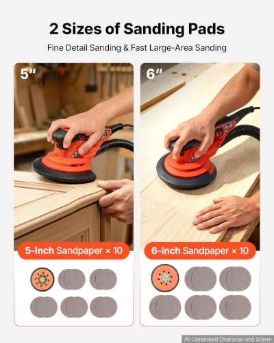 VEVOR 5 & 6-Inch Random Orbital Sander 400W Brushless Orbital Sander, 4000-10000RPM 7 Speeds Electric Palm Sanders with 20PCS Sandpapers, Dust Bag & Vacuum Hose for Woodworking Detailing Sanding
