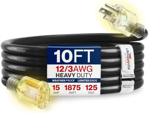 10ft Outdoor/Indoor Extension Cord 12/3 Gauge Extra Heavy Duty 3 Prong SJTW (5-15P/5-15R), Waterproof, Flexible Cold-Resistant Long Power Cord,15A 125V 1875W, Black by LifeSupplyUSA