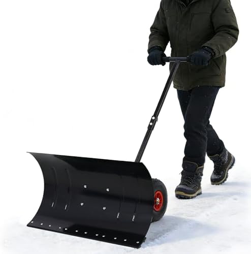 29" Push Snow Shovel with Wheels for Driveway, Heavy Duty Metal Wheeled Snow Pusher Hand Plow with Adjustable Angle & Height Ergonomic Handle for Snow Removable, 29"x14" Blade