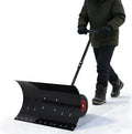 29" Push Snow Shovel with Wheels for Driveway, Heavy Duty Metal Wheeled Snow Pusher Hand Plow with Adjustable Angle & Height Ergonomic Handle for Snow Removable, 29"x14" Blade