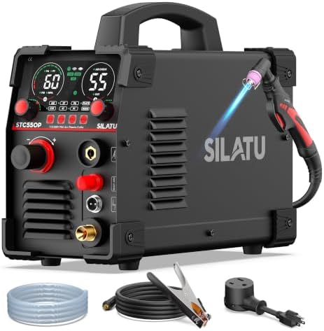 SILATU 55A Plasma Cutter, HF Non-Touch Pilot Arc Plasma Cutter Machine, 7/10″ Max Cut 9/16″ Clean Cut, Portable 110/220V Dual Voltage IGBT Inverter Digital Display, PT/2T/4T for Beginners DIY (Black)