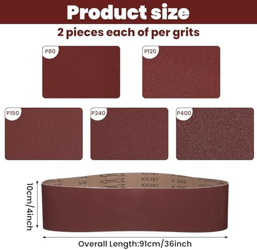 Sanding Belts and Sanding Discs Set, 4x36 Sand Belts, Aluminum Oxide Sanding Belts, 80/120/150/240/400 Grits 10 Pack Plus 6 Inch No-Hole Self Stick Oxide Sands Disc Paper 80-400 Grits