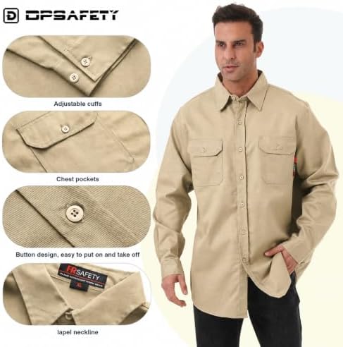 FR Shirt 7oz Fire Resistant Shirts Men's,CAT2 Welding Shirt 100% Cotton Flame Resistant Shirts Khaki (5X-Large)