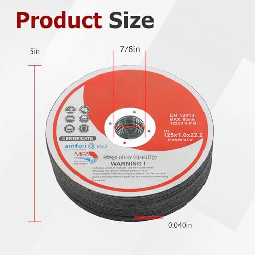 25 Pack 5" x.040 x7/8" Cut-Off Wheel - Metal & Stainless Steel Cutting Discs for Steel, Aluminum, Other Alloys