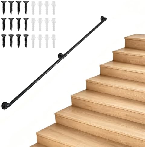7FT Metal Staircase Hand Rail, Wall-Mounted Industrial Pipe Stair Handrail | Black Galvanized Iron Handrails for Garage, Porch, Toilet, Yard and Garden, Vintage Railing for Outdoor Indoor Stairs
