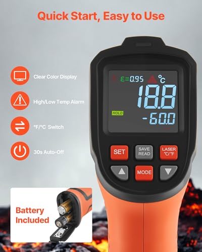 VEVOR Infrared Thermometer, -22℉ to 2192℉ Dual-Mode IR Thermometer Gun with K-Type Thermocouple, Dual Laser Heat Temperature Gun Non-Contact for Cooking Griddle Engine Industrial Use (Not for Human)