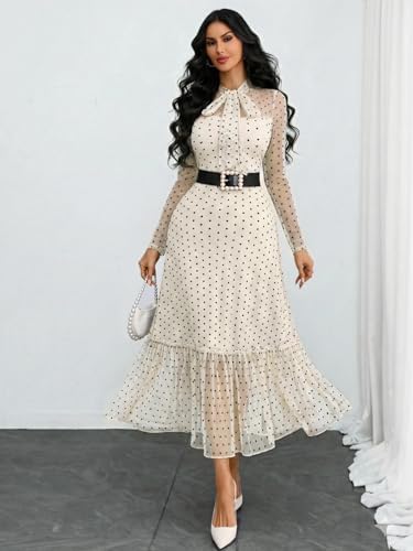 GothDark Polka dot Dress for Women Tie Neck Bow Ruffle Fall Vintage Dress