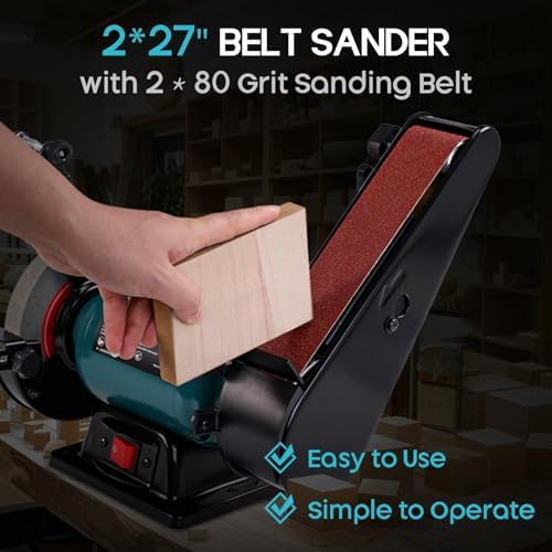 6-Inch Bench Grinder & 2x27 Belt Sander Combo, 2.5A Induction Motor Bench Tool for Sharpening, Knife Work, Wood Projects and Metal Finishing