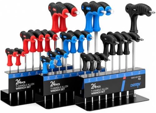 DISEN 24-Piece T-handle Allen Wrench Set | Metric 2-10mm & SAE 7/64"-3/8" & Torx T10-T45 , Long Arm Hex Key Wrench Sets with Storage Rack for DIY, Home Repair