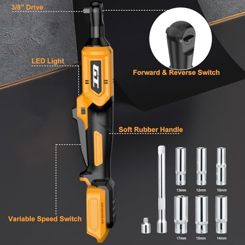 3/8" Cordless Ratchet Wrench for DEWALT 20V MAX Battery, 60 Ft-lbs Brushless Electric Ratchet Tool, Variable Speed 400 RPM, Includes 8 Sockets, 1/4" Adapter & 6" Extension Bar, TOOL ONLY