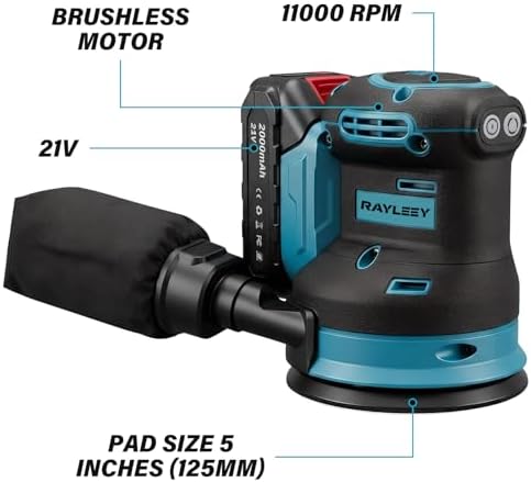 Cordless Random Orbital Sander 5 Inch Brushless Palm Sander with 2 Battery