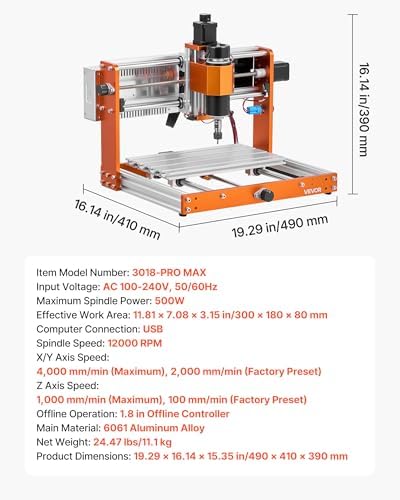VEVOR CNC Router Machine, 500W Spindle, 3-Axis Wood Engraving Milling Machine, with 300 x 180 x 80 mm Working Area, Offline Controller, Limit Switch, E-Stop, for Wood Acrylic Plastic Carving Cutting