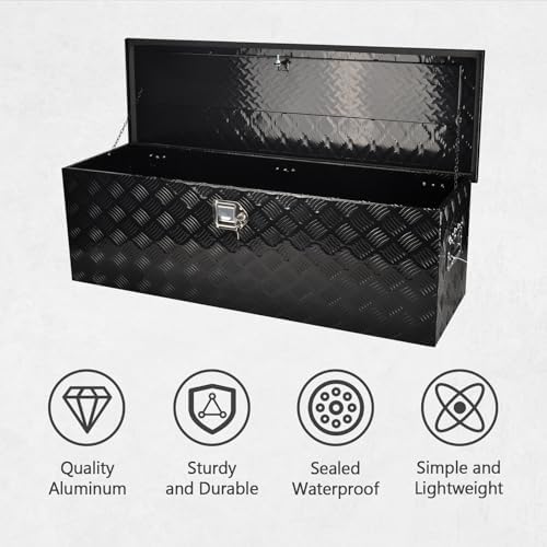 48 Inch Heavy Duty Aluminum Truck Tool Box Pick Up Truck Bed RV Trailer Toolbox Storage Organizer with Side Handle, Lock & Keys，Black,5 Bar Tread 48"(L) X15''(W) X15(H) Storage Box
