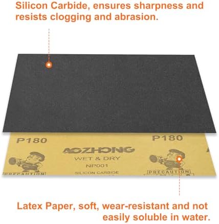 HARFINGTON 100pcs Sandpaper 180 Grit 9 x 11 Inch Waterproof Backing Silicon Carbide Abrasive Wet Dry Sanding Sheets for Wood Finishing, Metal Sanding, Automotive Polishing