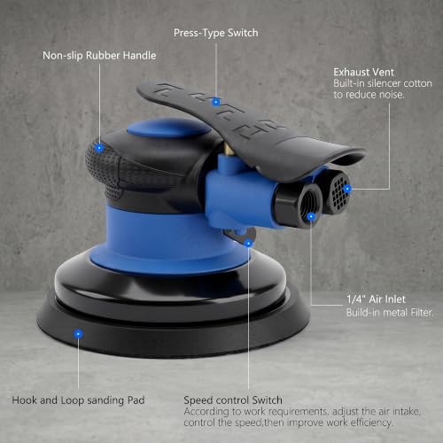 Random Orbital Air Sander 5 Inch, 13,000 RPM Pneumatic DA Palm Sander with Polishing Buffing Pads & Sanding Discs, Air Powered Polisher for Auto Body Repair, Wood, Composites and Metal Sanding