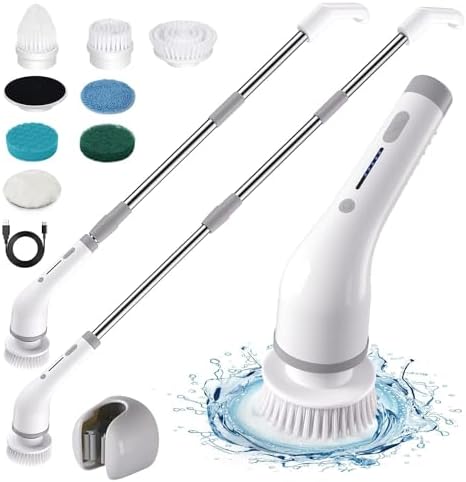 Electric Spin Scrubber 8-in-1 with MOP Clip - Adjustable Extension Arm & 8 Replaceable Brushes - Cordless Cleaning Power Shower Grout Scrubber for Kitchen, Bathroom, Tub, Tile, Floor