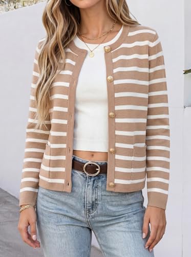 ANRABESS Women's Button Down Cropped Striped Cardigan Sweaters