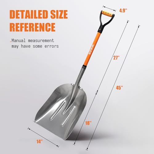 WIKER Aluminum Snow Shovel for Driveway, 45-Inch Large Capacity Blade, 3.5lbs Lightweight with Fiberglass D-Grip Handle, Heavy Duty Metal Snow Removal Tool for Home and Garden