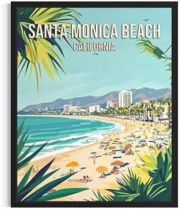 Santa Monica Beach California Black Framed Wall Art Print Poster, US Vintage Retro Beach Scenery Posters Prints for Restroom Home Picture Painting Artwork Gallery 219 (Santa Monica Beach California, 24"L x 18"W, Black Frame)