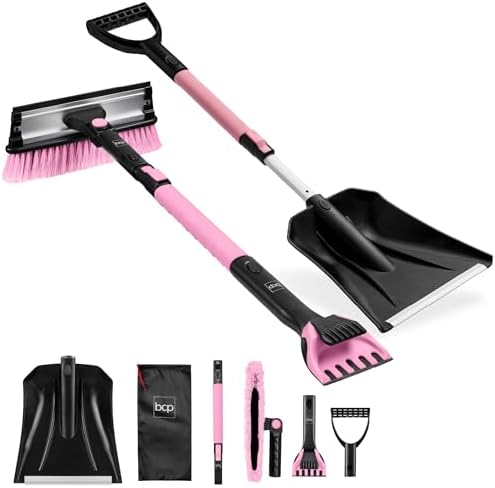 Best Choice Products 4 in 1 Snow Brush with Shovel, Squeegee & Ice Scraper, Up to 39" Extendable Foam Grip, 270° Pivoting Snow Brush for Car Truck SUV, Storage Bag Included - Pink