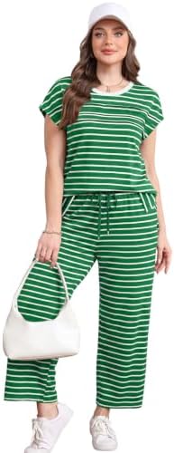 WIHOLL Two Piece Sets for Women Summer Spring Travel Vacation Outfits Cap Sleeve Lounge Matching Sets Wide Leg Pants S-3XL