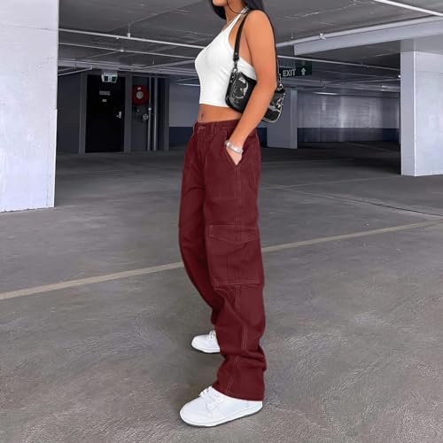 Lepunuo Cargo Pants for Women High Waisted Casual Pants Baggy Stretchy Wide Leg Y2K Streetwear with 6 Pockets