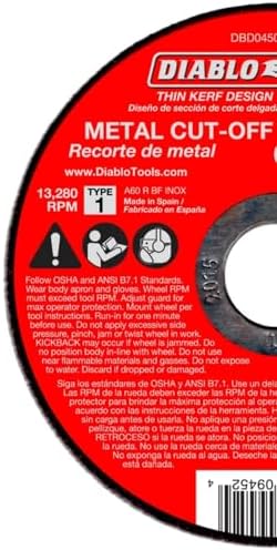 Diablo Thin Kerf Metal Cut-Off Discs - 4-1/2" Diameter, 7/8" Arbor, Type 1 Hub, 0.04" Thickness, 13280 Max RPM, 15-Pack - DBD045040115F