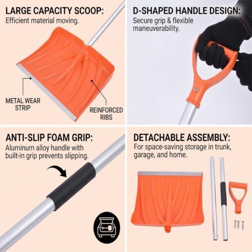 Snow Shovel, Large Capacity Aluminum Alloy Snow Pusher and Ice Crusher, with Foam Grip for Garden Car Camping Outdoor