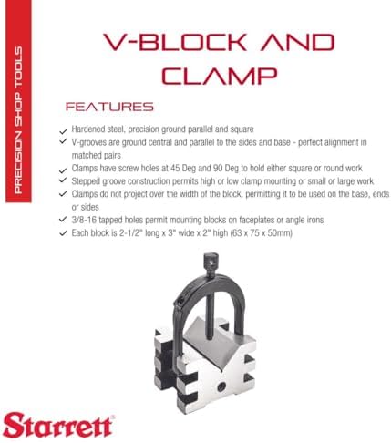 Starrett V-Block and Clamp with Hardened Steel Precision Ground Parallel and Square - For General Shop Use and Layout Work - 2" Diameter Round, 16" Square, 16" Capacity - 568A