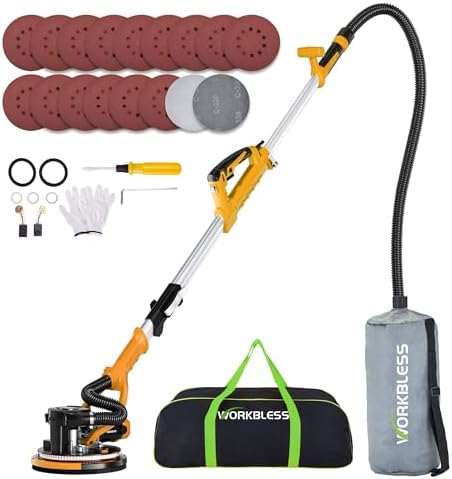 Drywall Sander, 1050W 7.2A Popcorn Ceiling Removal Tool, Automatic Drywall Sander with Vacuum Dust Collector, 7 Variable Speed 1000-2100RPM, 15Pcs Sanding Discs(Yellow)