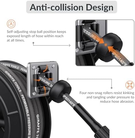 Giraffe Tools Pressure Washer Hose Reel 60ft, Power Washer Hose Reel, Pressure Washer Retractable Hose Reel, Heavy Duty, Wall/Floor Mounted, 4000 PSI, Dark Silver