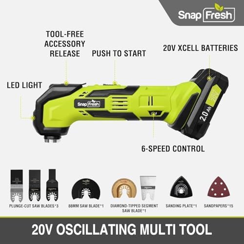 SnapFresh Cordless Oscillating Tool with 22pcs Accessories, 6 Speed Control