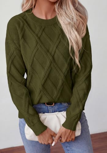 Okiwam Women's Long Sleeve Sweaters Crewneck Cable Knit Pullover