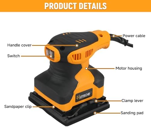 Hoteche 240W Palm Sander, 110X100mm Square Sander with 14500rpm, Yellow, Color Box Packaging