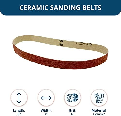 Benchmark Abrasives 1 x 30 Inch Sanding Belts with Ceramic Grains Sand Paper for Metal Grinding, Sanding Knife Polishing, Surface Blending Sander Paper Belt for Woodworking (10 Pack), 40 Grit