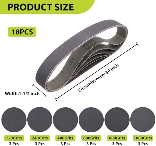 Taokyid 1-1/2 x 30 Inch Sanding Belts, 120 240 400 600 800 1000 Grit, 18Pcs
