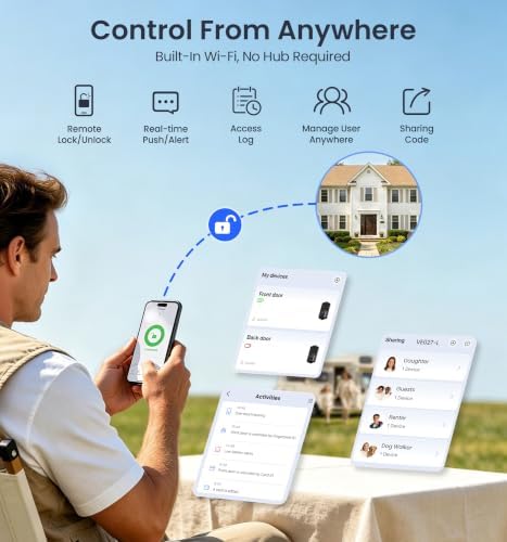 Veise VE027-L WiFi Smart Lock with Handles Set for Front Door, Matte Black | Remote APP Control, Fingerprint Voice & Fob Unlock, Touchscreen Keyless Entry Door Lock with Lever, No Hub Need, Auto Lock