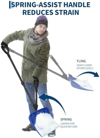 Lightweight Ergonomic Snow Shovel with Spring Assist, Dual d‑Ring Handle