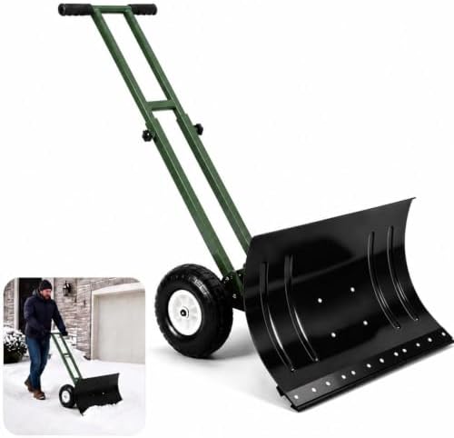 GarveeLife Wheeled Snow Shovel - 29in Steel Blade, 10in Wheels Army Green