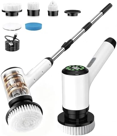 Cordless Electric Spin Scrubber with 5 Brush Heads, White-te1