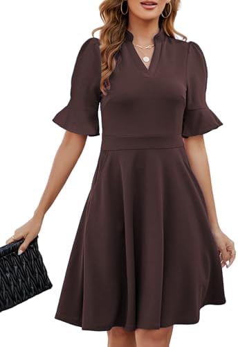 Mokayee Womens Summer V Neck Ruffle Short Sleeve Fit and Flare Knee Length Church Wedding Guest Dresses with Pockets