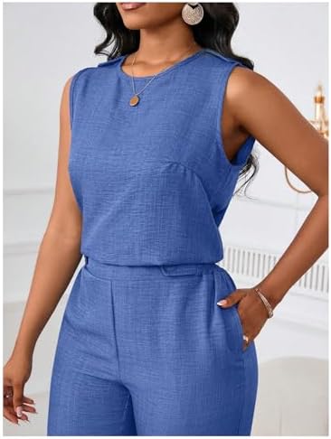 Floerns Women's 2 Piece Sets Dressy Outfits Bussiness casual Crew Neck Sleeveless Blouse and Elegant Pants Set