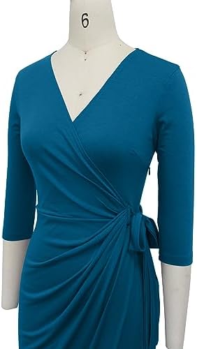 Berydress Women's 3/4 Sleeve V Neck Casual Party Work Faux Black Wrap Dress