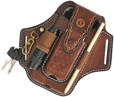 Leather Cell Phone Holster Case Multitool Sheath Flashlight Belt Pen Holder